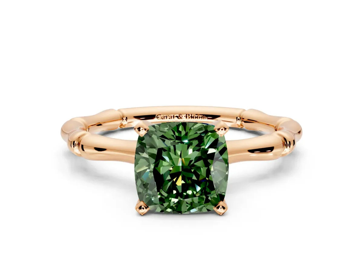 Solitaire Engagement Ring Setting for Fancy Green Cushion Cut Center with Bamboo Band and Prong Head in Rose Gold