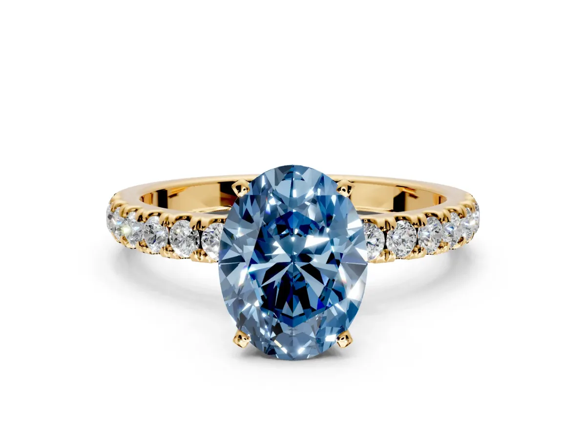 Open Basket Engagement Ring Setting for Fancy Blue Oval Center with Pave Band and Prong Head in Yellow Gold