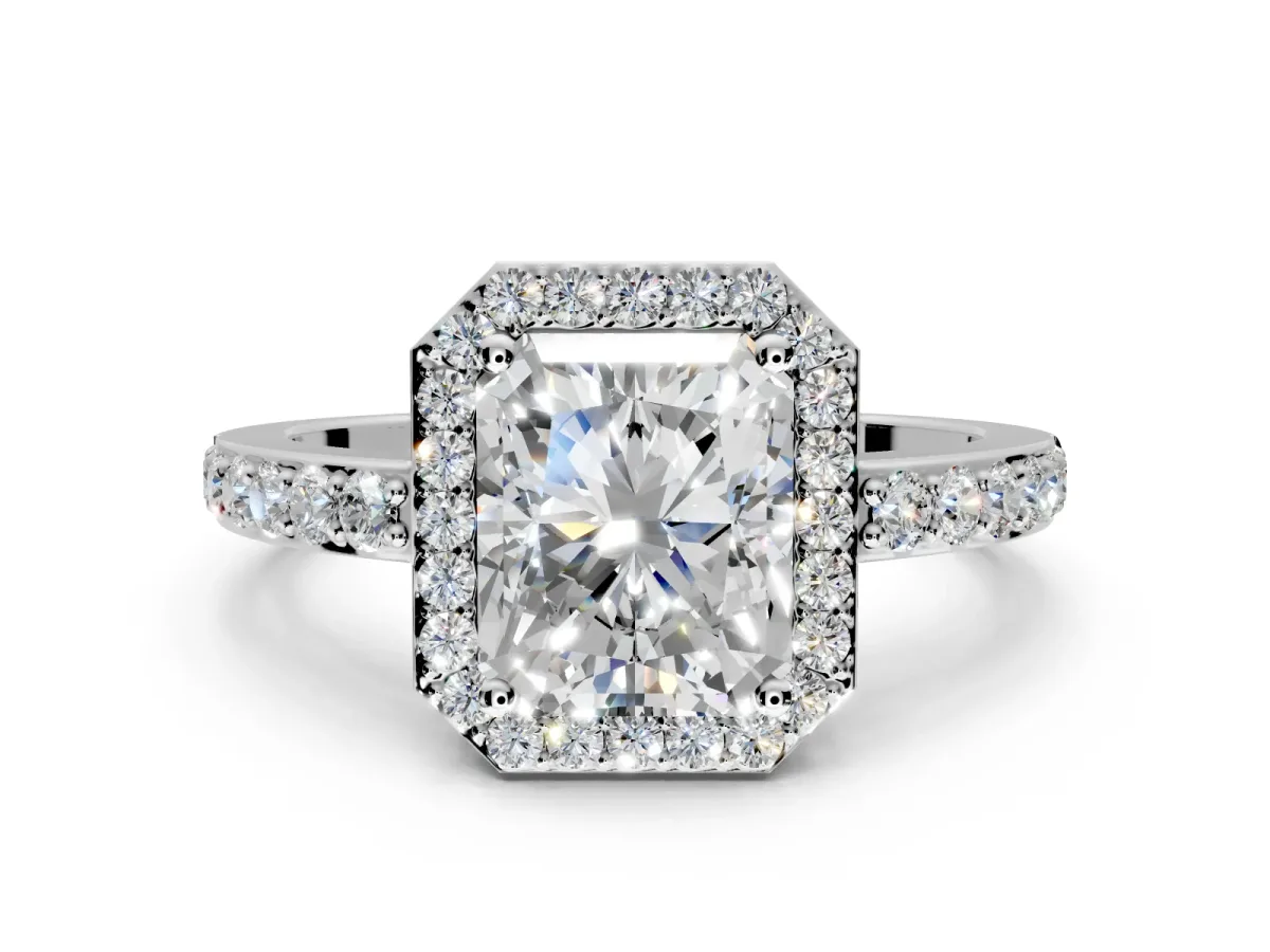 Halo Engagement Ring Setting for Radiant Cut Center with Heart-Shaped Openwork, Pave Band and Prong Head in Sterling Silver