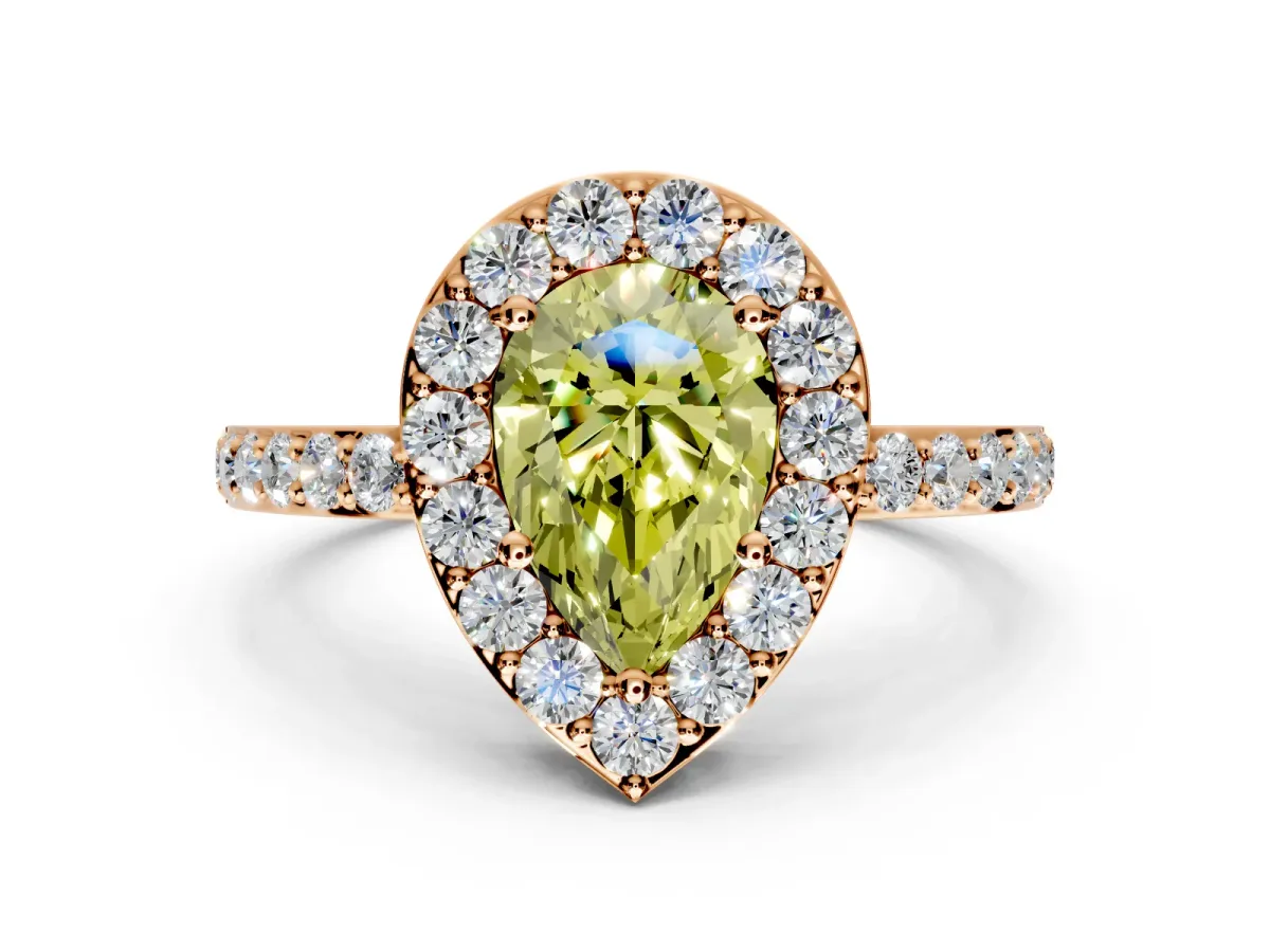 Halo Engagement Ring Setting for Fancy Yellow Pear-Shaped Center with Heart-Shaped Openwork, Pave Band and Prong Head in Rose Gold