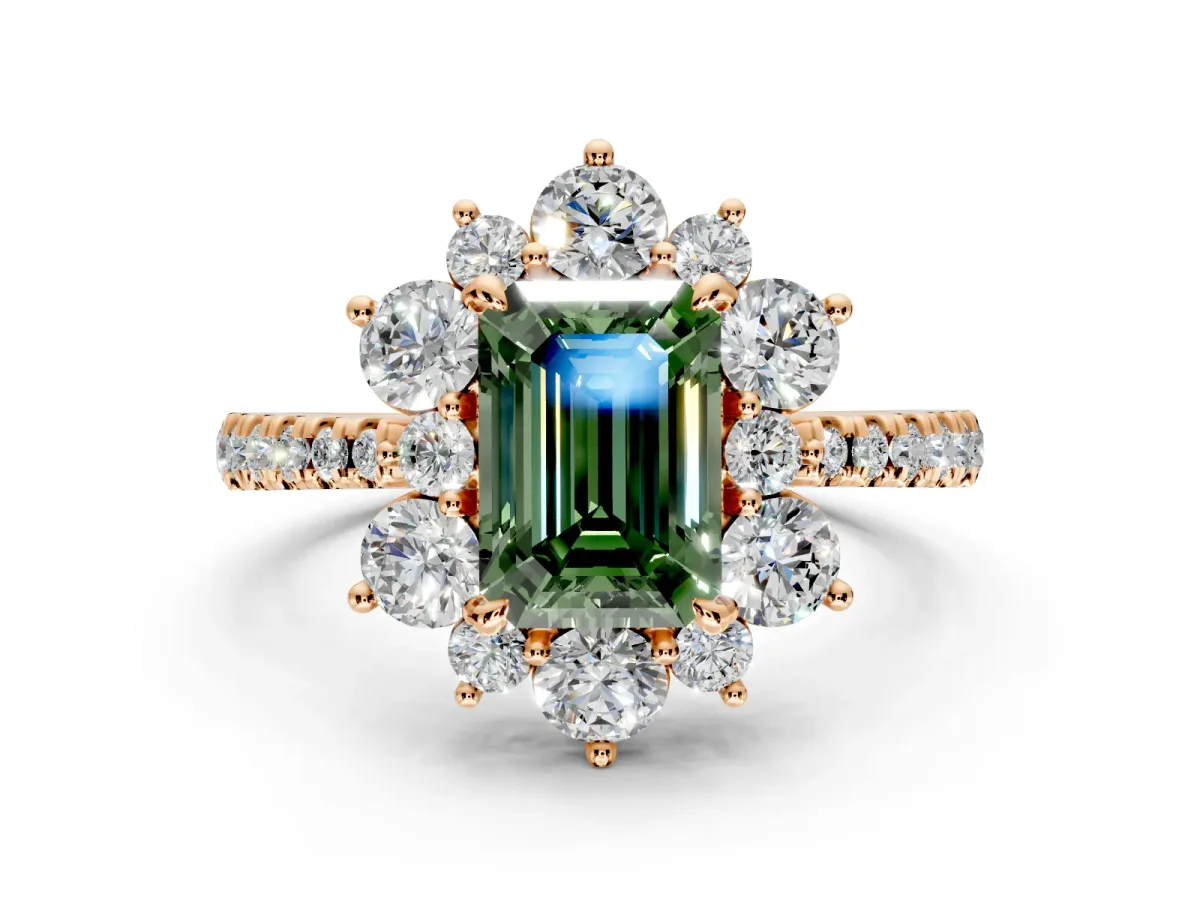 Floral Halo Engagement Ring Setting for Fancy Green Emerald Cut Center with Pave Accents and Prong Head in Rose Gold