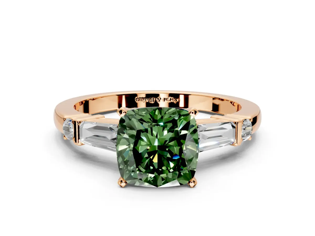 Bar-Set Engagement Ring Setting for Fancy Green Cushion Cut Center with Tapered Baguette Accents and Prong Head in Rose Gold