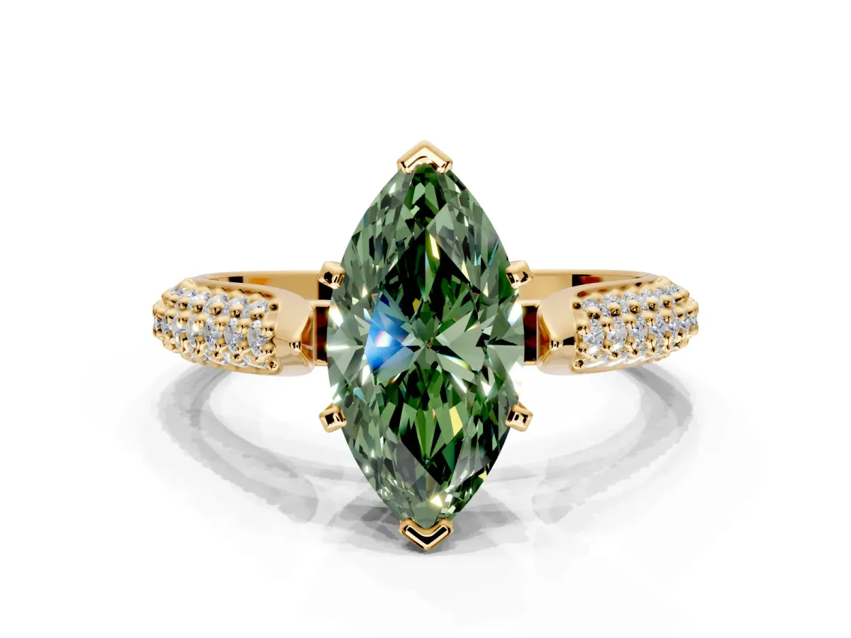 Solitaire Engagement Ring Setting for Fancy Green Marquise Center with Multi-Row Accents and Prong Head in Yellow Gold