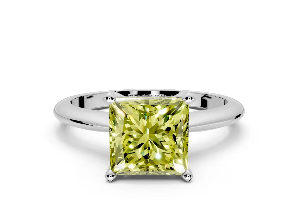 Solitaire Engagement Ring Setting for Fancy Yellow Princess Cut Center with Knife Ridge Band and Claw Prong Head in White Gold
