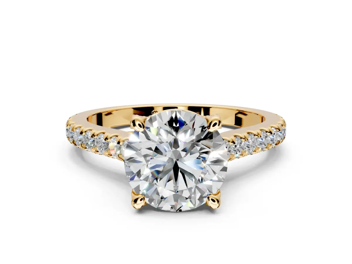 Solitaire Engagement Ring Setting for Round Cut Center with Widening Pave Band and Claw Prong Head in Yellow Gold