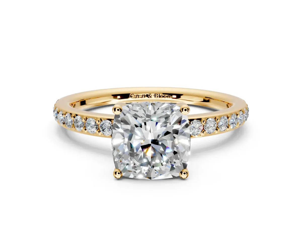 Solitaire Engagement Ring Setting for Cushion Cut Center with Fine Pave Band and Prong Head in Yellow Gold