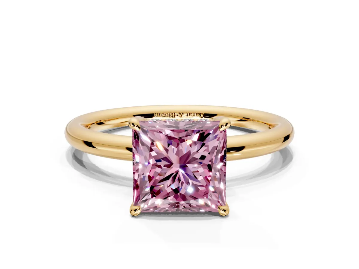 Hidden Halo Engagement Ring Setting for Fancy Pink Princess Cut Center with Thin Rounded Band and Prong Head in Yellow Gold
