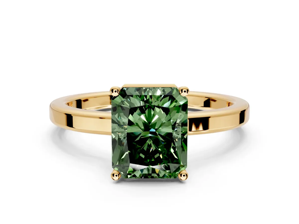Hidden Halo Engagement Ring Setting for Fancy Green Radiant Cut Center with Wide Flat Plain Band and Prong Head in Yellow Gold