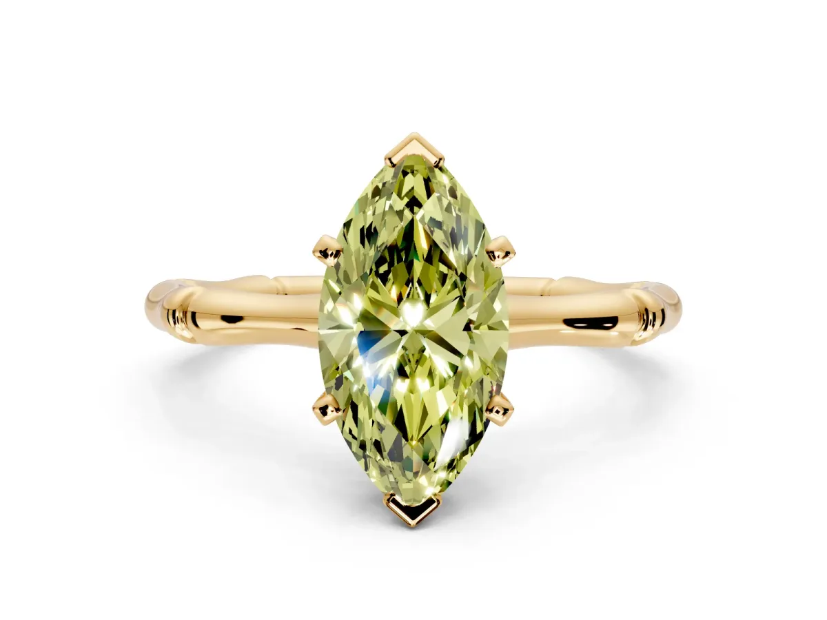 Solitaire Engagement Ring Setting for Fancy Yellow Marquise Center with Bamboo Band and Prong Head in Yellow Gold