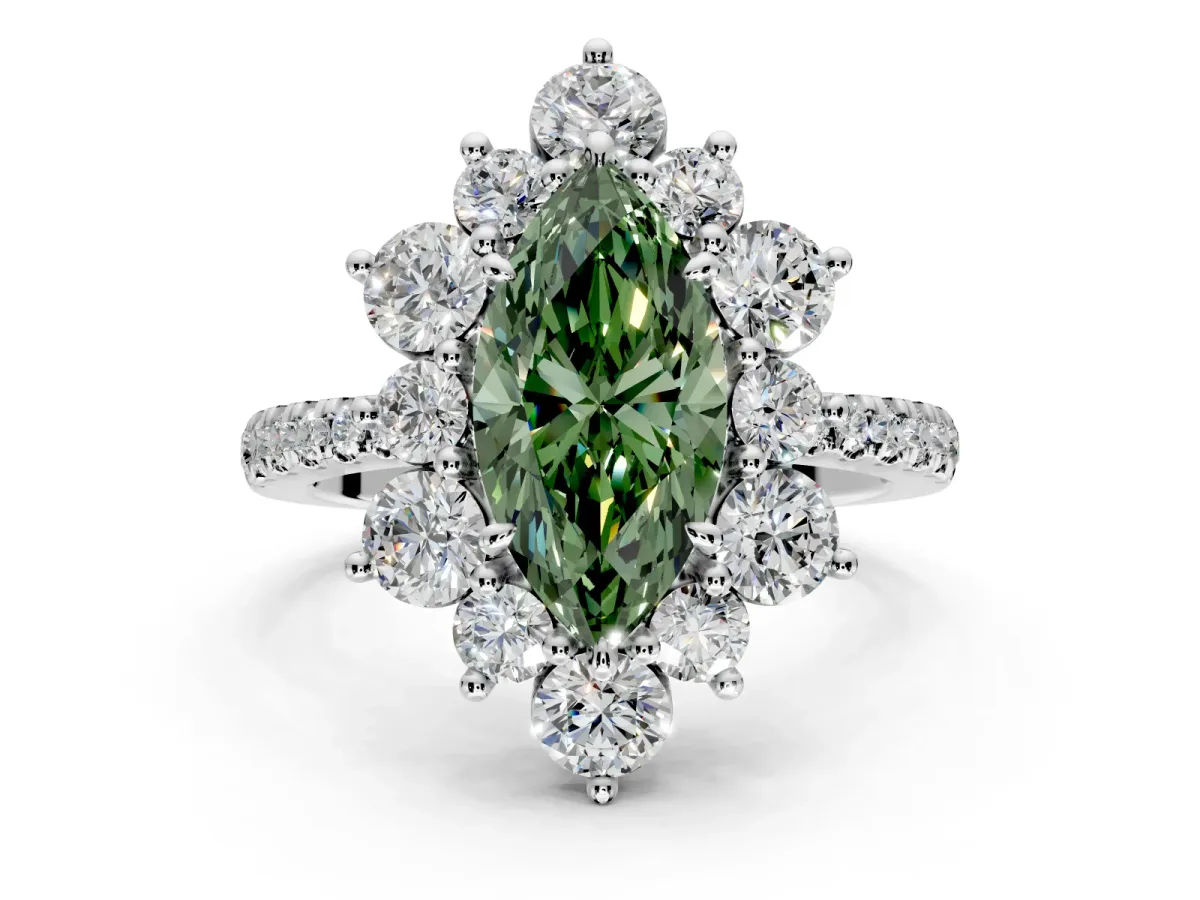 Floral Halo Engagement Ring Setting for Fancy Green Marquise Center with Pave Accents and Prong Head in Platinum