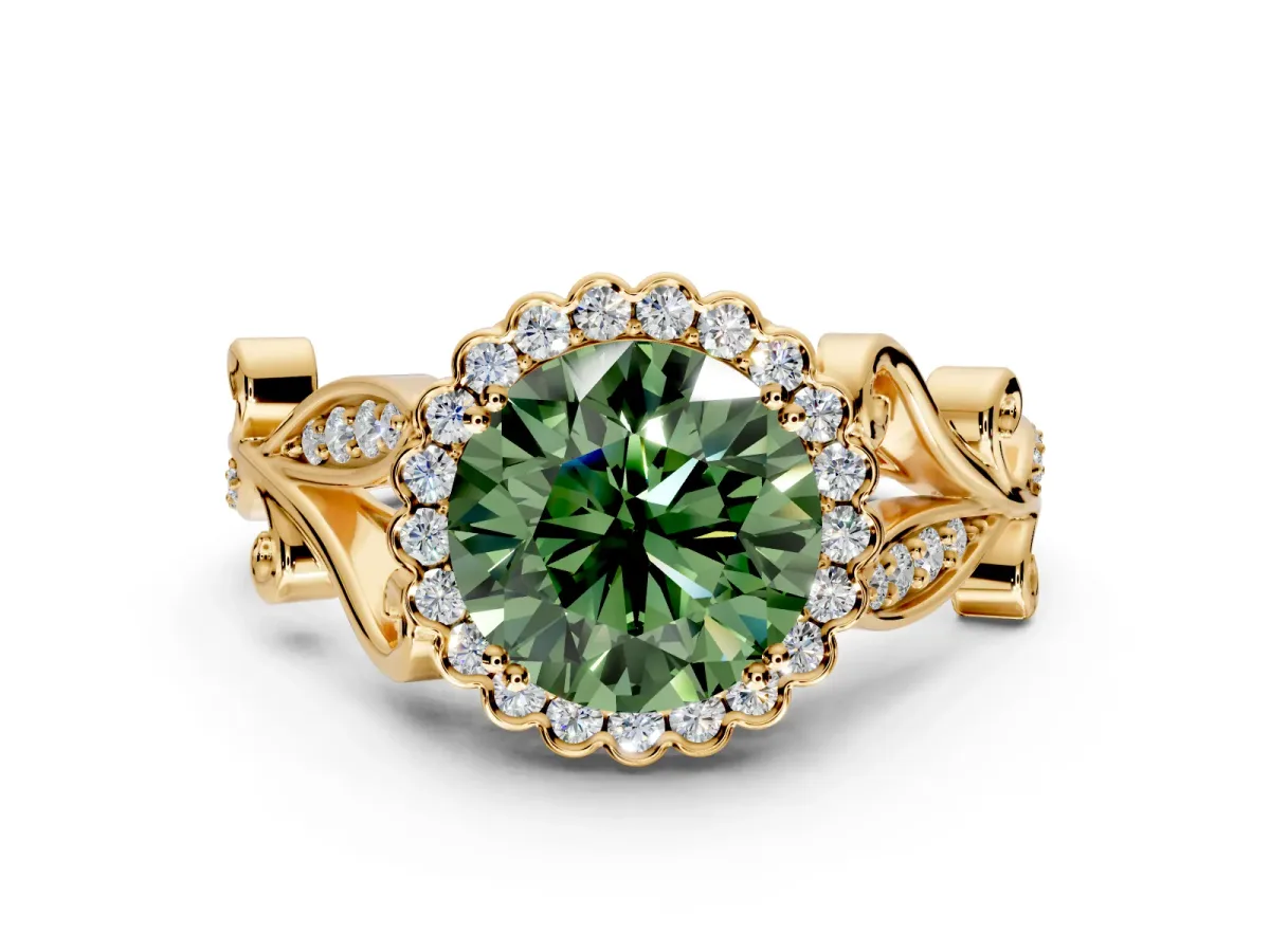 Halo Engagement Ring Setting for Fancy Green Round Cut Center with Leaf Motif Split Shank and Prong Head in Yellow Gold
