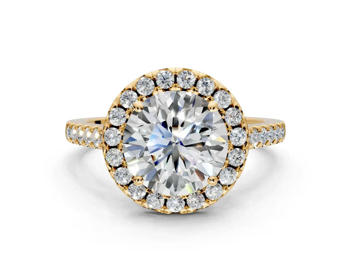 Halo Engagement Ring Setting for Round Cut Center with Raised Halo, Pave Band and Prong Head in Yellow Gold