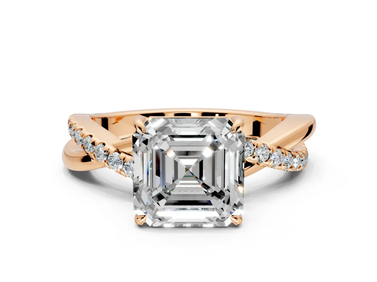 Crossover Engagement Ring Setting for Asscher Cut Center with Pave and Plain Strands and Prong Head in Rose Gold
