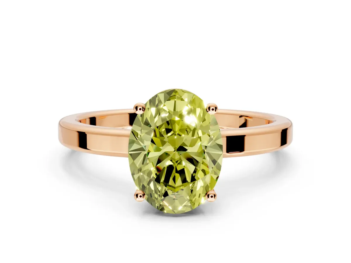 Hidden Halo Engagement Ring Setting for Fancy Yellow Oval Center with Wide Flat Plain Band and Prong Head in Rose Gold