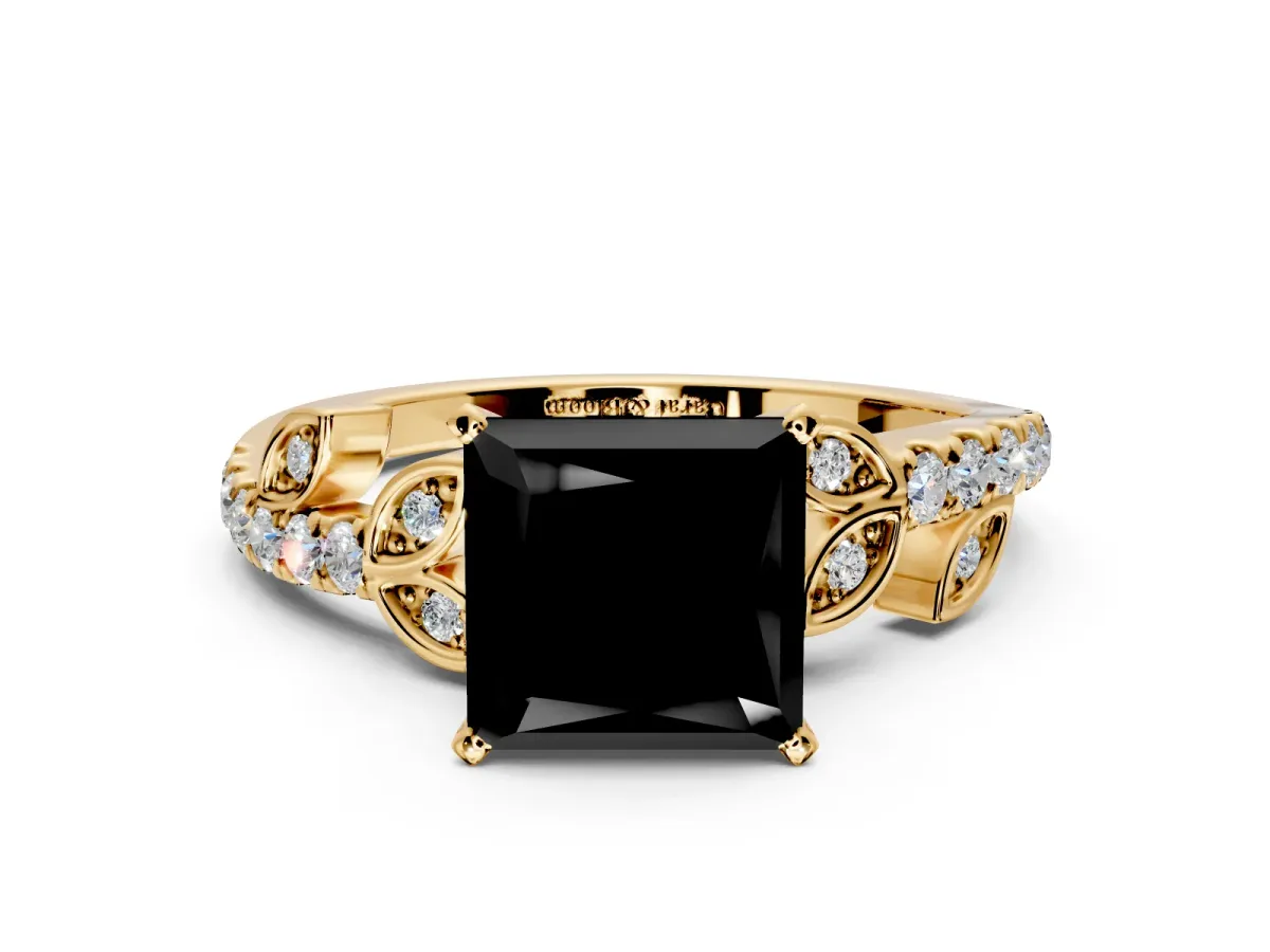 Leaf Motif Engagement Ring Setting for Fancy Black Princess Cut Center with Pave Band and Prong Head in Yellow Gold