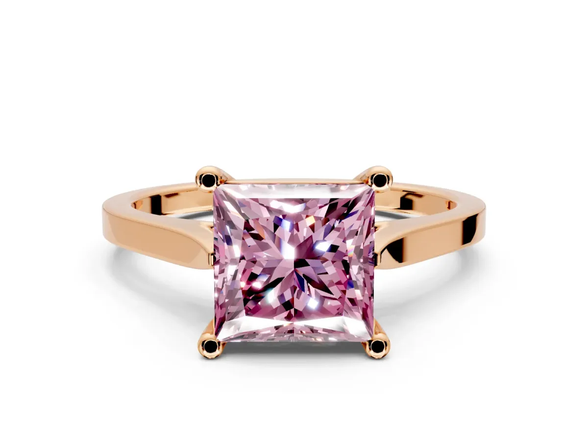 Solitaire Engagement Ring Setting for Fancy Pink Princess Cut Center with Tapered Shoulders and Prong Head in Rose Gold