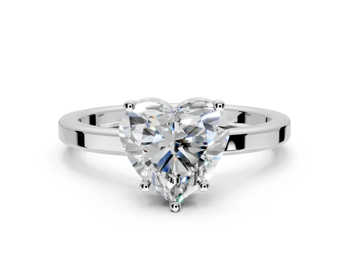 Hidden Halo Engagement Ring Setting for Heart-Shaped Center with Wide Flat Plain Band and Prong Head in Platinum