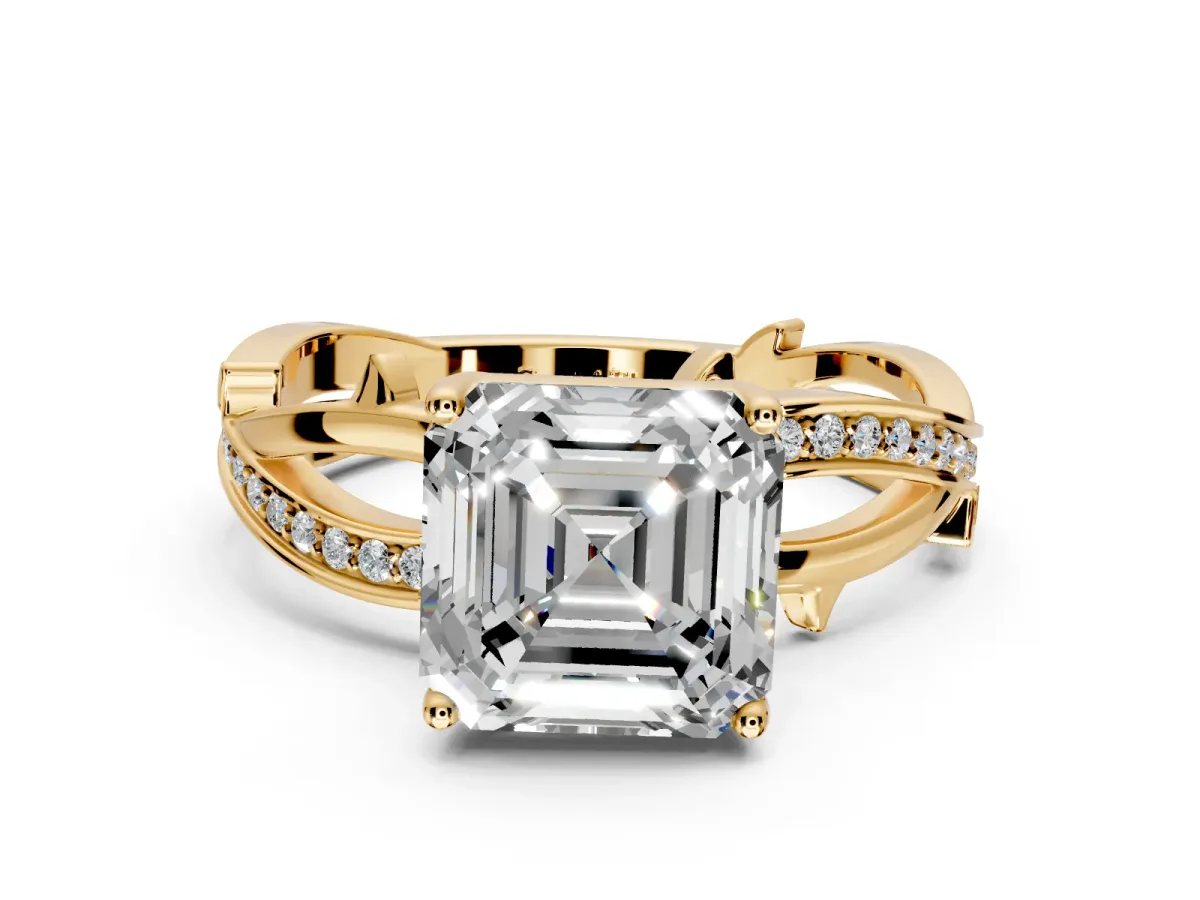 Solitaire Engagement Ring Setting for Asscher Cut Center with Pave and Plain Crossover Band and Prong Head in Yellow Gold