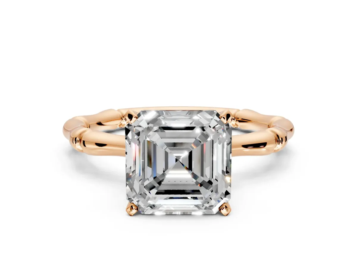 Solitaire Engagement Ring Setting for Asscher Cut Center with Bamboo Band and Prong Head in Rose Gold