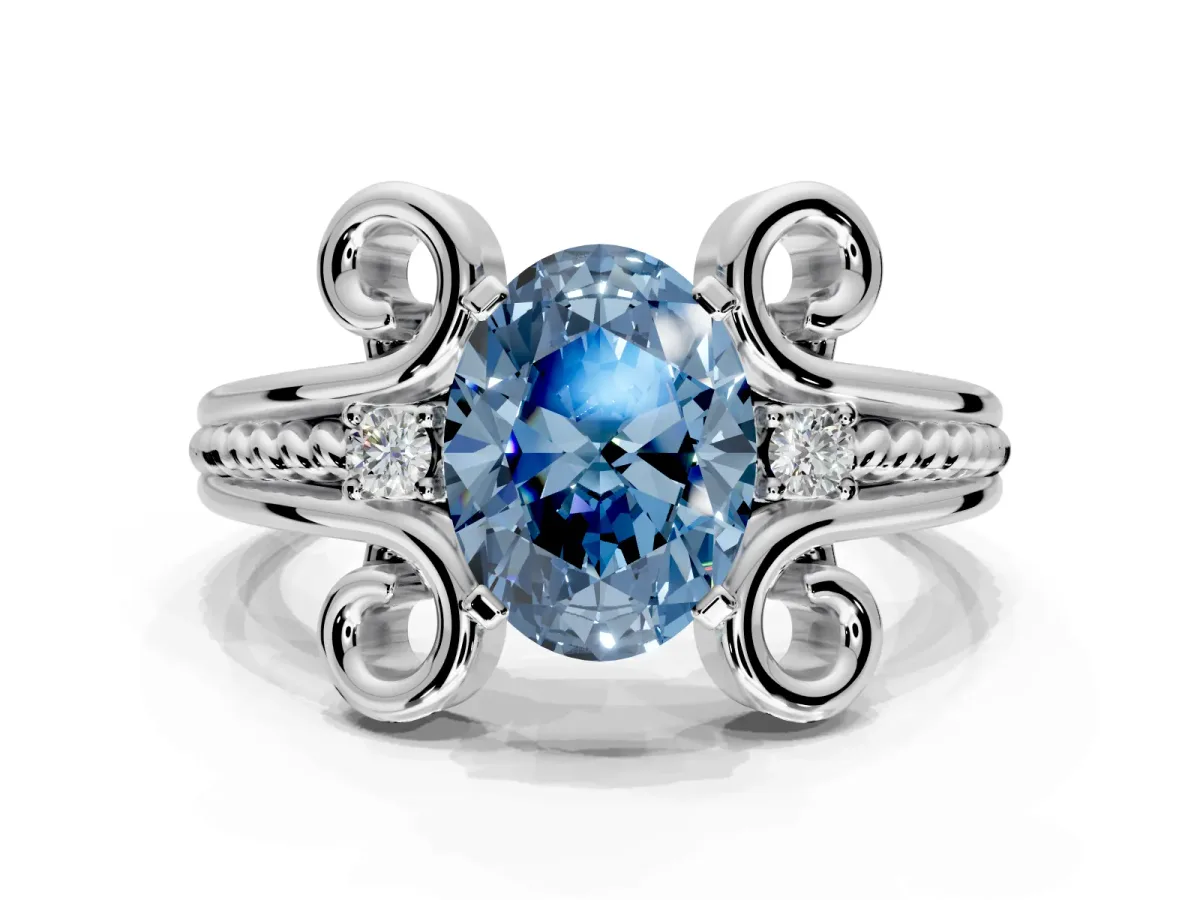 Solitaire Engagement Ring Setting for Fancy Blue Oval Center with Twisted Band and Scroll Prong Head in Platinum