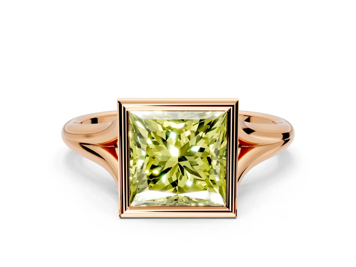 Solitaire Engagement Ring Setting for Fancy Yellow Princess Cut Center with V Split Shank and Bezel Head in Rose Gold