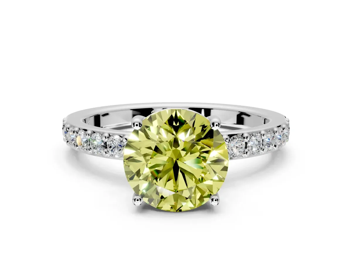 Solitaire Engagement Ring Setting for Fancy Yellow Round Cut Center with Round Cut Pave Band and Prong Head in Platinum