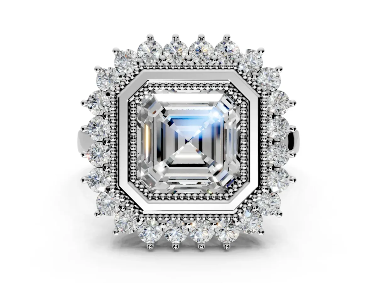 Halo Engagement Ring Setting for Asscher Cut Center with Milgrain Bezel Rim, Plain Band and Prong Head in Sterling Silver