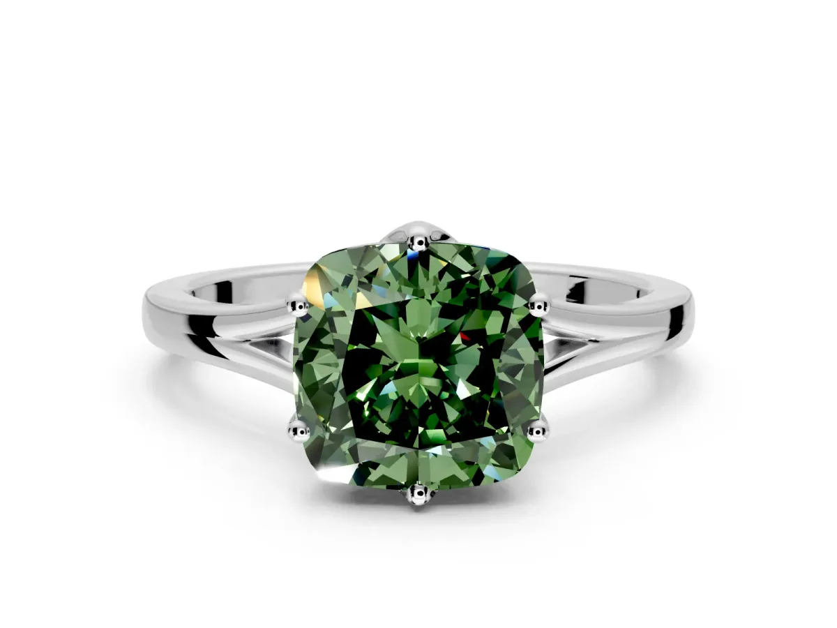 Solitaire Engagement Ring Setting for Fancy Green Cushion Cut Center with Plain Split Shank and Prong Head in White Gold