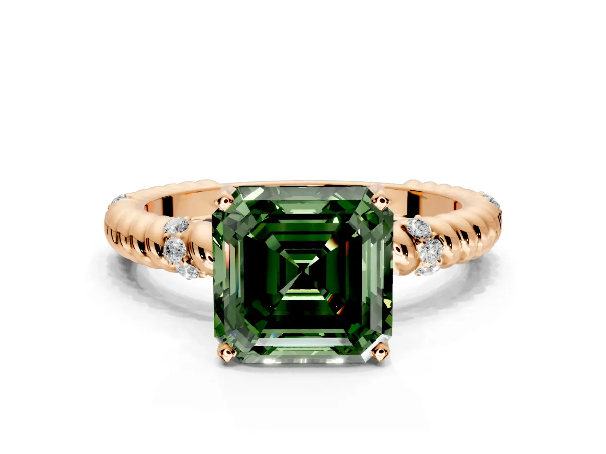 Rope Engagement Ring Setting for Fancy Green Asscher Cut Center with Accent Shoulders and Prong Head in Rose Gold