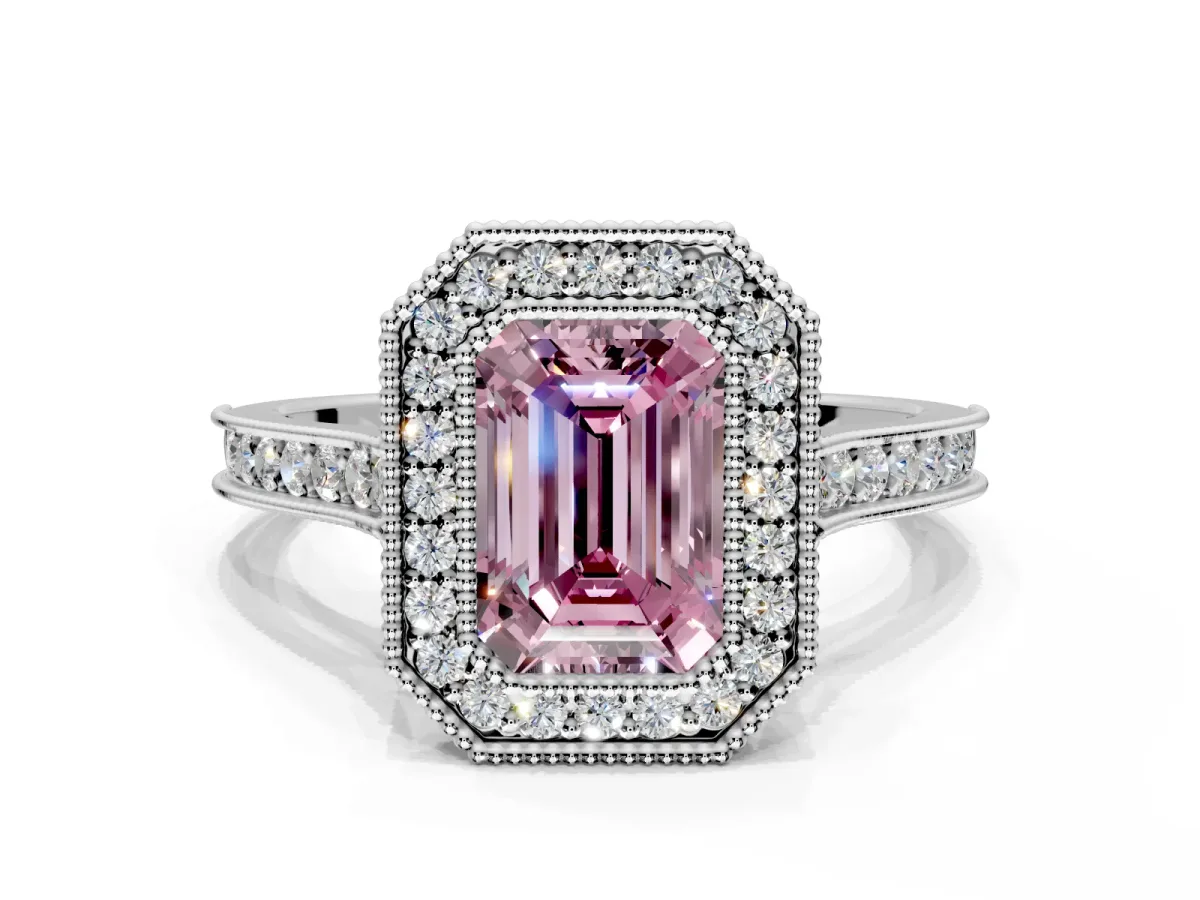 Halo Engagement Ring Setting for Fancy Pink Emerald Cut Center with Milgrain Pave Band and Bezel Head in Platinum