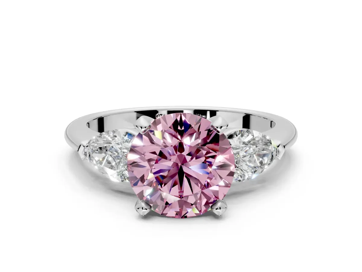 3 Stone Engagement Ring Setting for Fancy Pink Round Cut Center with Large Pear-Shaped Accents and Prong Head in Platinum