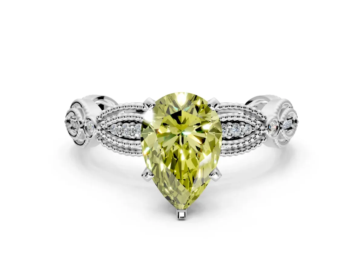 Solitaire Engagement Ring Setting for Fancy Yellow Pear-Shaped Center with Marquise Panel Band and Prong Head in Platinum