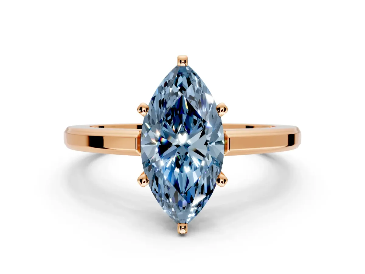 Solitaire Engagement Ring Setting for Fancy Blue Marquise Center with Flat-Sided Plain Band and Prong Head in Rose Gold