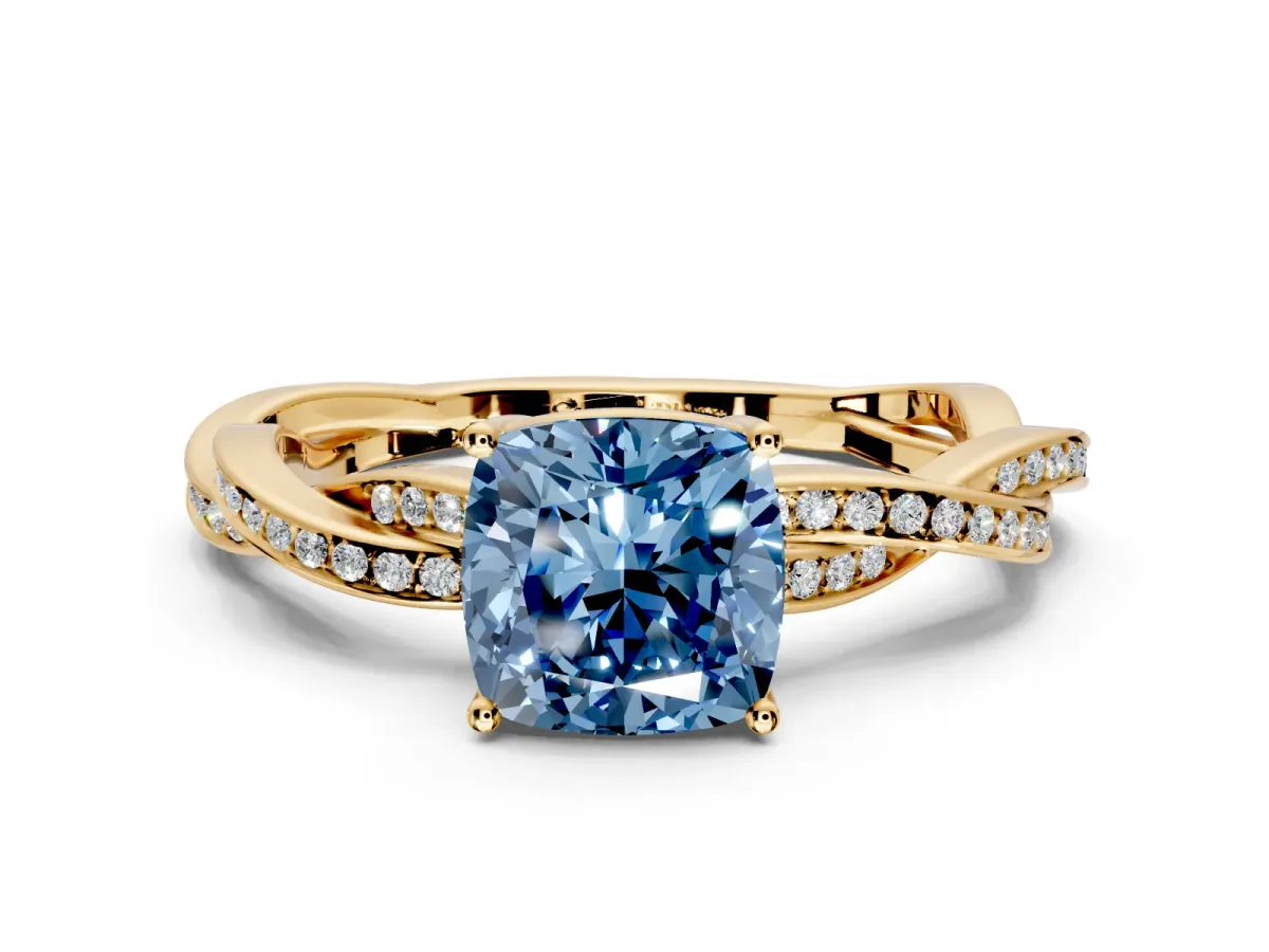 Solitaire Engagement Ring Setting for Fancy Blue Cushion Cut Center with Twisted Pave Band and Prong Head in Yellow Gold