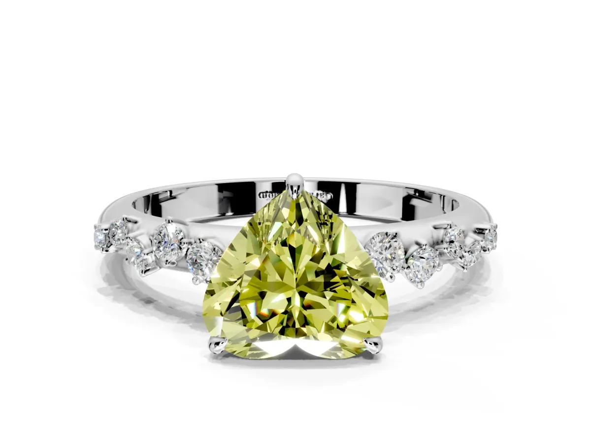 Cluster Engagement Ring Setting for Fancy Yellow Heart-Shaped Center with Round Cut Accent Band and Prong Head in White Gold
