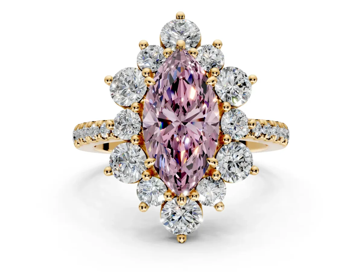 Floral Halo Engagement Ring Setting for Fancy Pink Marquise Center with Pave Accents and Prong Head in Yellow Gold