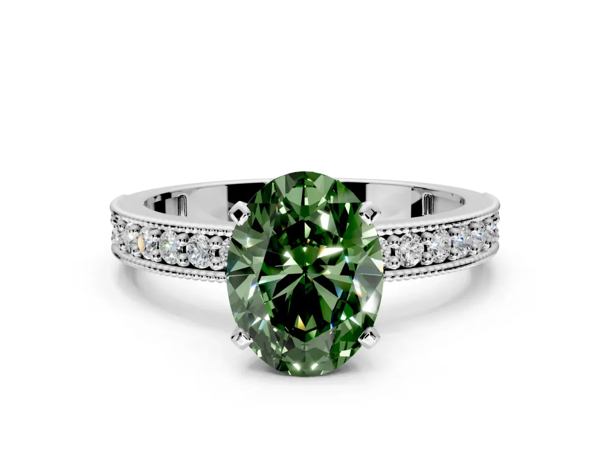 Milgrain Pave Engagement Ring Setting for Fancy Green Oval Center with Accent Band and Prong Head in White Gold