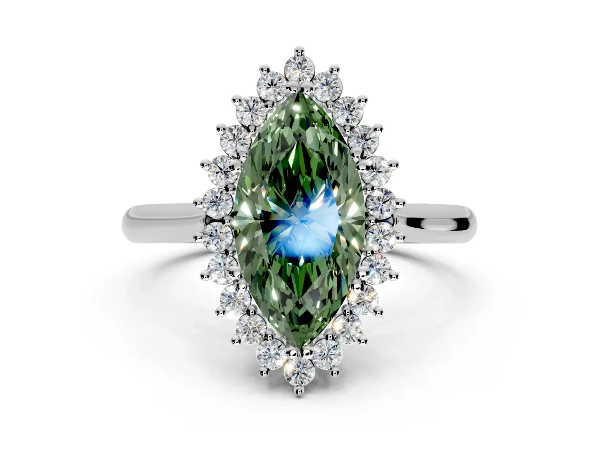 Starburst Halo Engagement Ring Setting for Fancy Green Marquise Center with Thin Round-Wire Band and Prong Head in White Gold