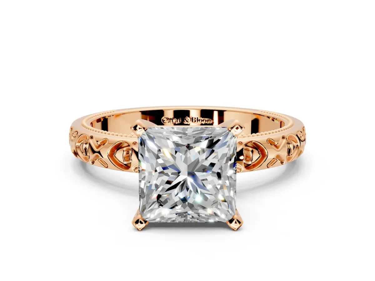 Solitaire Engagement Ring Setting for Princess Cut Center with XO Engraved Band and Prong Head in Rose Gold