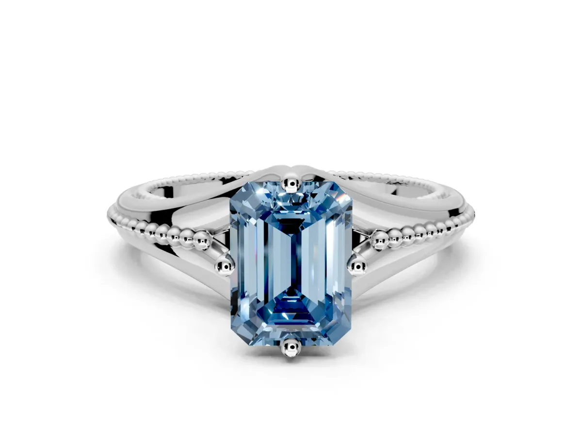 Solitaire Engagement Ring Setting for Fancy Blue Emerald Cut Center with Milgrain Cathedral Band and Prong Head in White Gold