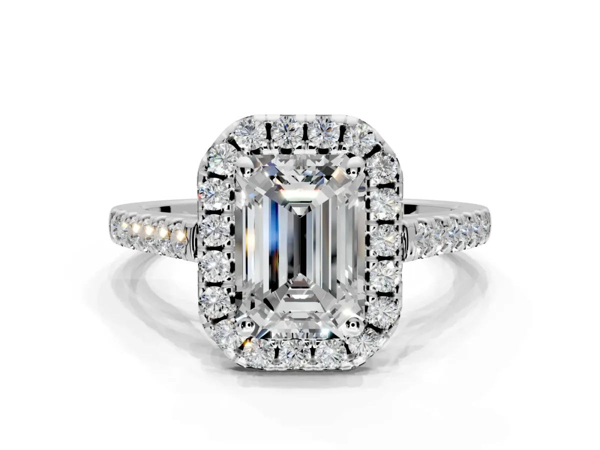 Halo Engagement Ring Setting for Emerald Cut Center with Raised Halo, Pave Band and Prong Head in Platinum