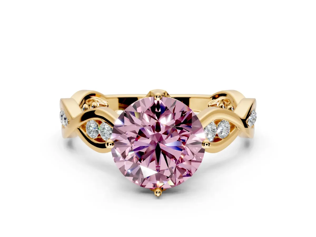 Solitaire Engagement Ring Setting for Fancy Pink Round Cut Center with Accented Twist Band and Leaf Prong Head in Yellow Gold