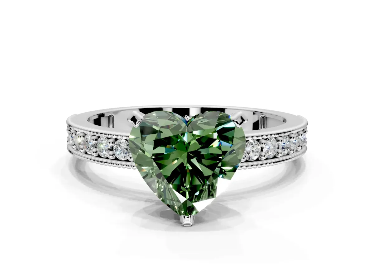 Milgrain Pave Engagement Ring Setting for Fancy Green Heart-Shaped Center with Accent Band and Prong Head in Platinum