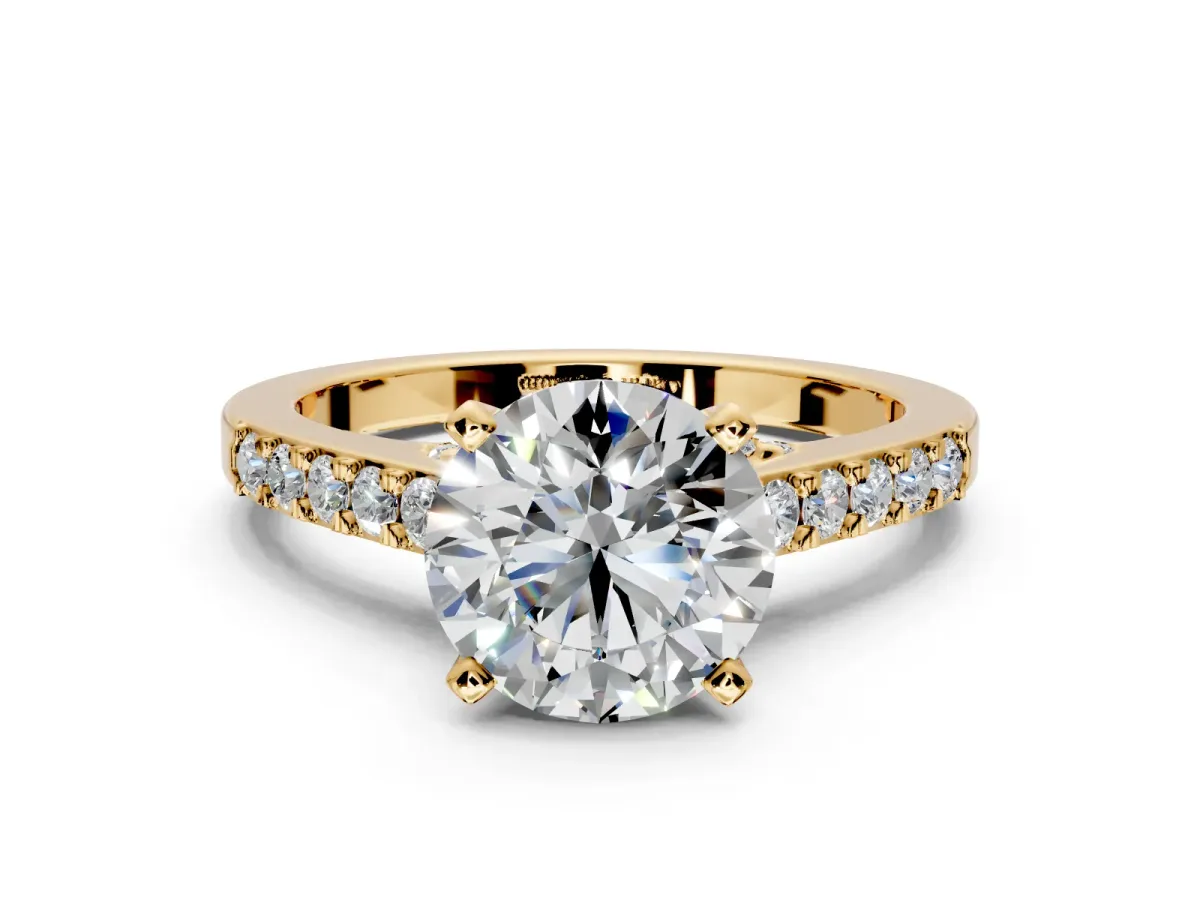 Solitaire Engagement Ring Setting for Round Cut Center with Crossover Accents and Prong Head in Yellow Gold