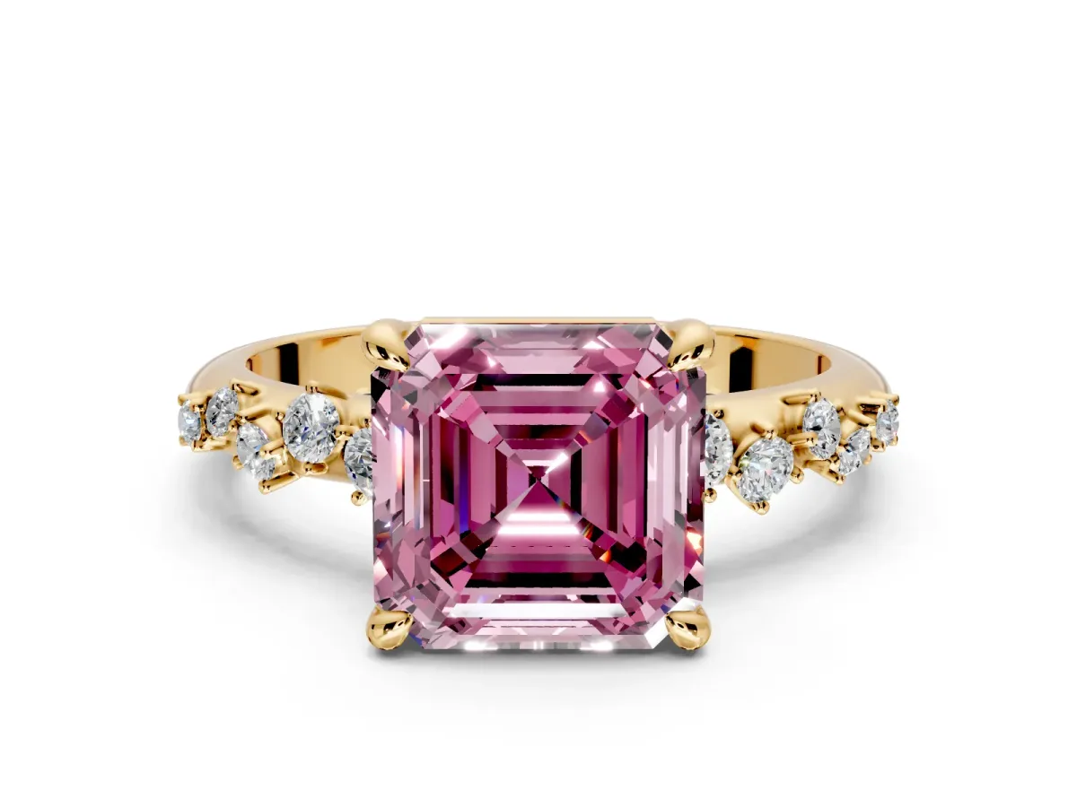 Solitaire Engagement Ring Setting for Fancy Pink Asscher Cut Center with Trailing Leaf Accent Band and Prong Head in Yellow Gold