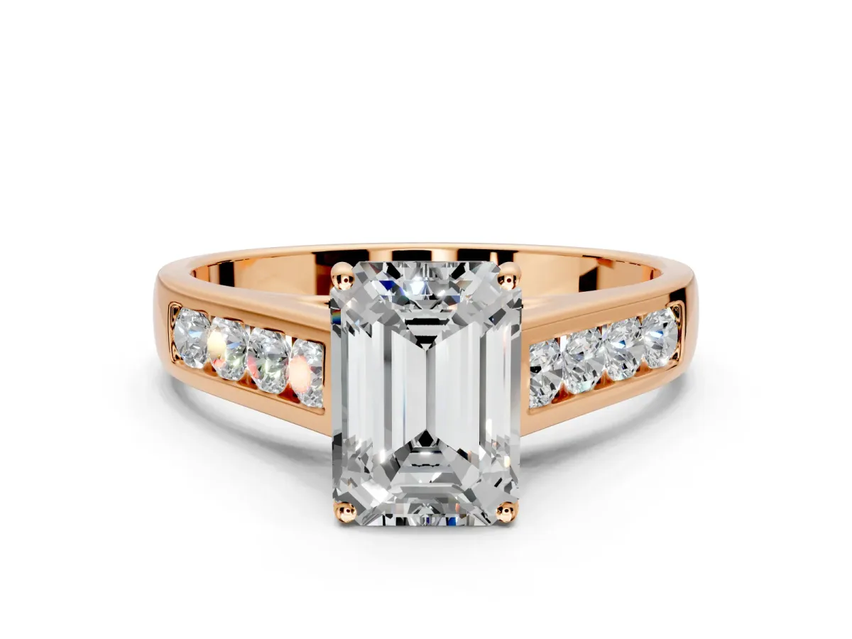 Solitaire Engagement Ring Setting for Emerald Cut Center with Cathedral Channel Band and Prong Head in Rose Gold