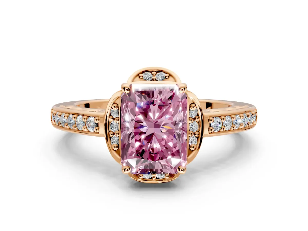Floral Engagement Ring Setting for Fancy Pink Radiant Cut Center with Four Accent Clusters and Prong Head in Rose Gold