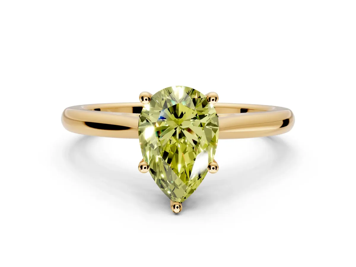 Solitaire Engagement Ring Setting for Fancy Yellow Pear-Shaped Center with Narrow Cathedral Band and Prong Head in Yellow Gold