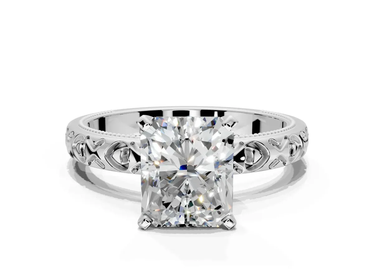 Solitaire Engagement Ring Setting for Radiant Cut Center with XO Engraved Band and Prong Head in Platinum