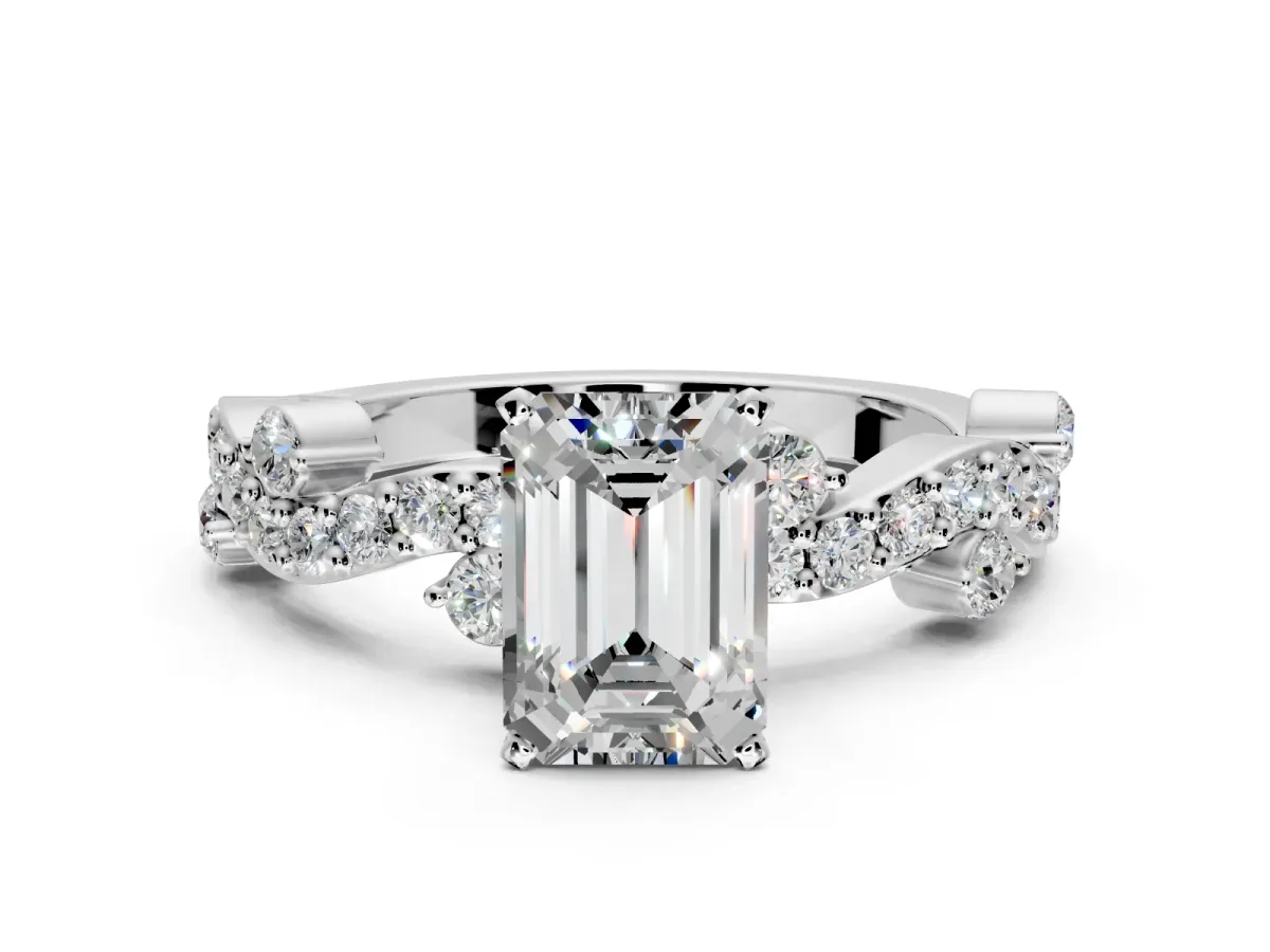 Solitaire Engagement Ring Setting for Emerald Cut Center with Bar-Station Pave Twist and Prong Head in Platinum